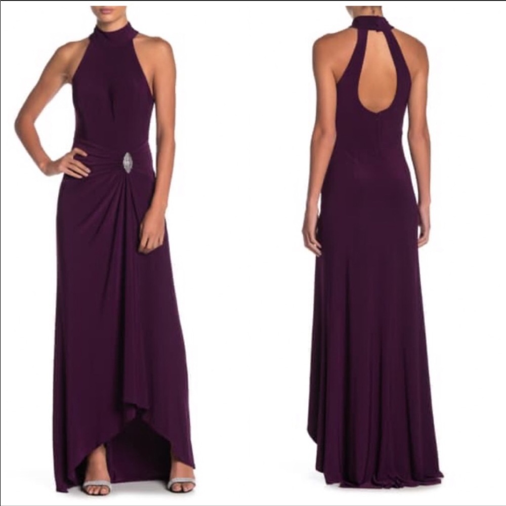 Marina Eggplant draped skirt halter neck dress